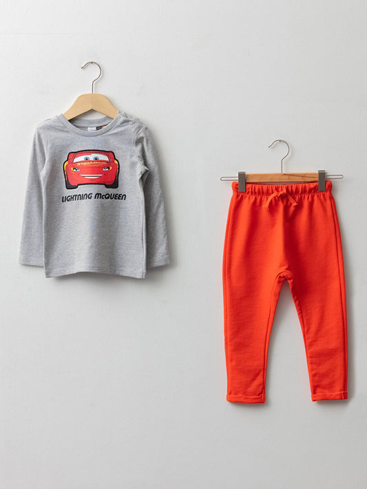 Crew Neck Long Sleeve Cars Printed T-Shirt and Trousers 2-Piece Set