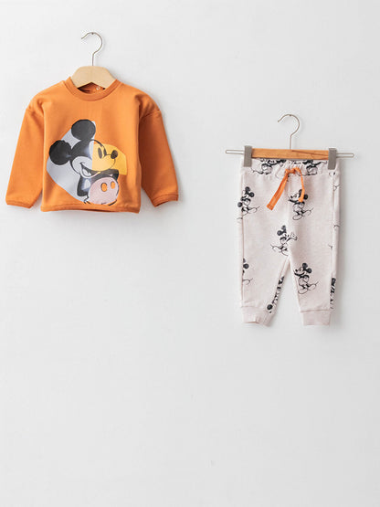 Crew Neck Long Sleeve Mickey Mouse Printed Cotton Baby Boy Sweatshirt and Trousers 2-Piece Set