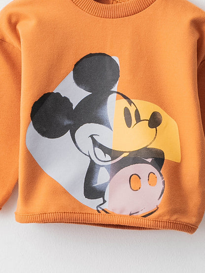 Crew Neck Long Sleeve Mickey Mouse Printed Cotton Baby Boy Sweatshirt and Trousers 2-Piece Set