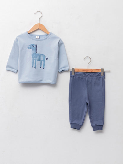 Crew Neck Long Sleeve Printed Baby Boy Sweatshirt and Trousers 2-Piece Set