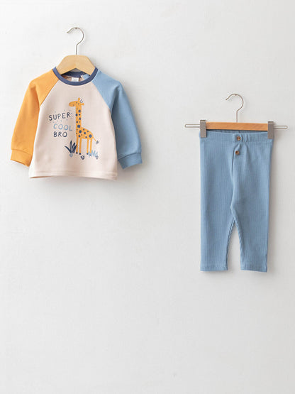 Crew Neck Long Sleeve Printed Baby Boy Sweatshirt and Tights 2-Piece Set