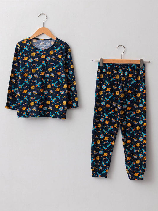 Crew Neck Printed Long Sleeve Boys Pajama Set