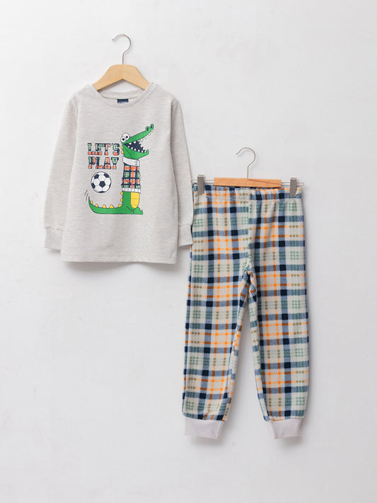 Crew Neck Printed Long Sleeve Boys' Pajama Set