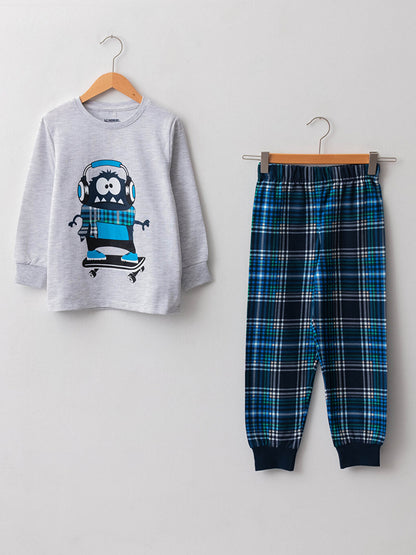 Crew Neck Printed Long Sleeve Boys' Pajama Set