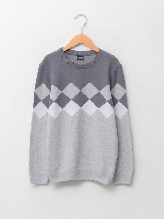 Crew Neck Diamond Patterned Long Sleeve Boy's Thin Knitwear Sweater