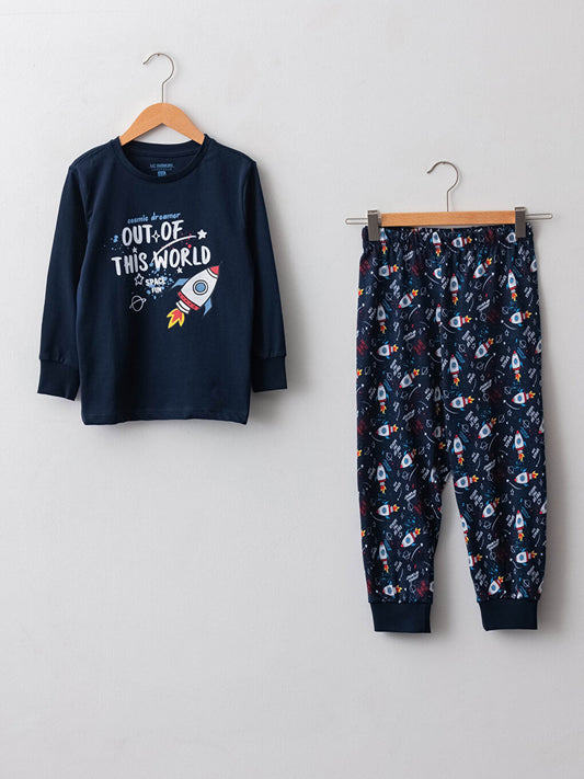 Crew Neck Glow in the Dark Printed Long Sleeve Cotton Boys' Pajama Set