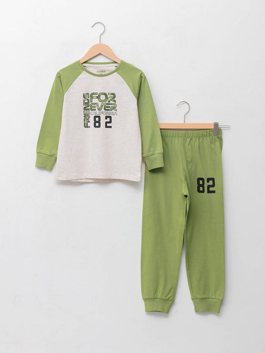 Crew Neck Printed Long Sleeve Boys' Pajama Set