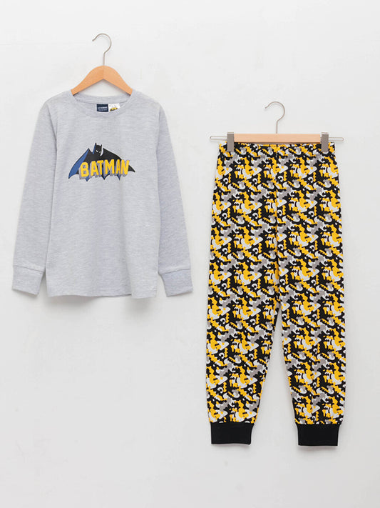 Crew Neck Batman Printed Long Sleeve Boys' Pajama Set