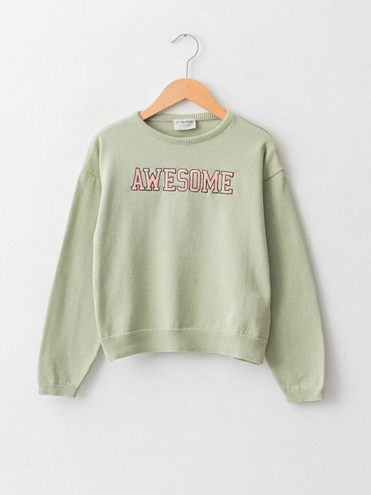 Crew Neck Embroidery Detailed Long Sleeve Girl's Knitwear Sweater