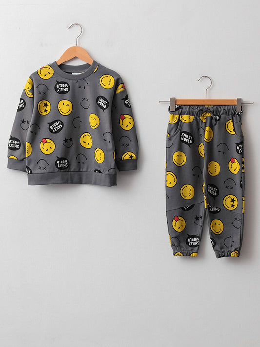 Crew Neck Long Sleeve SmileyWorld Printed Cotton Baby Boy Sweatshirt and Trousers 2-Piece Set