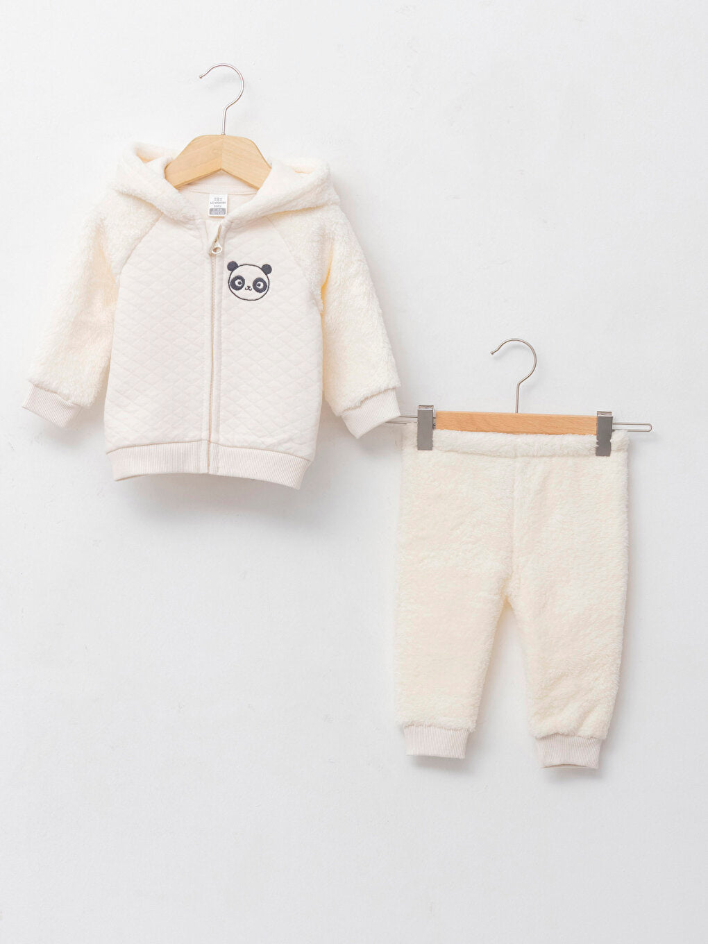 Hooded Long Sleeve Embroidery Detailed Plush Baby Boy Zipper Sweatshirt and Jogger Pants 2-Piece Set