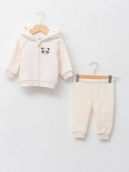 Hooded Long Sleeve Embroidery Detailed Plush Baby Boy Zipper Sweatshirt and Jogger Pants 2-Piece Set