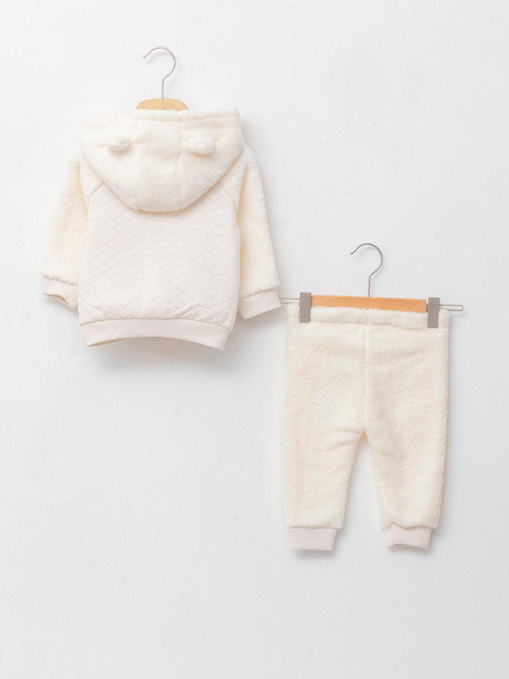 Hooded Long Sleeve Embroidery Detailed Plush Baby Boy Zipper Sweatshirt and Jogger Pants 2-Piece Set