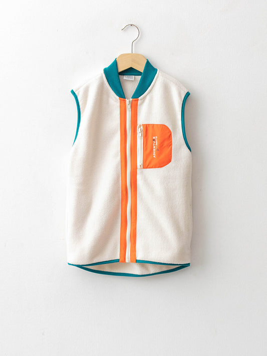 High Collar Printed Boy's Fleece Zipper Vest