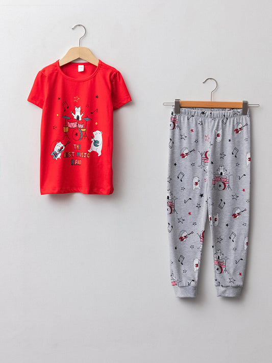 Crew Neck Printed Short Sleeve Girl's Pajama Set