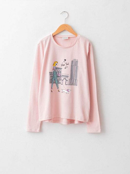 Crew Neck Printed Long Sleeve Cotton Girls' T-Shirt