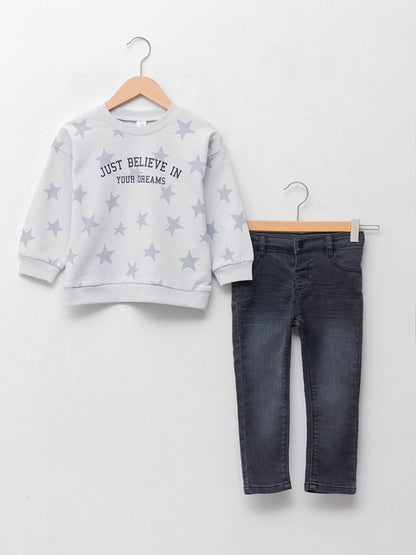 Crew Neck Long Sleeve Printed Baby Boy Sweatshirt and Trousers 2-Piece Set