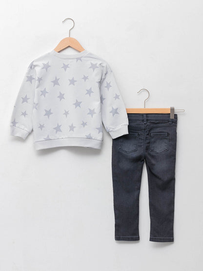 Crew Neck Long Sleeve Printed Baby Boy Sweatshirt and Trousers 2-Piece Set