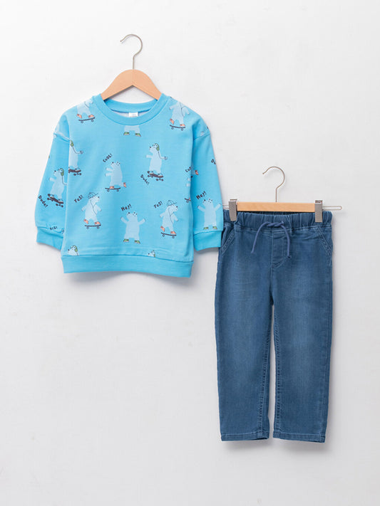 Crew Neck Long Sleeve Printed Baby Boy Sweatshirt and Jean Trousers 2-Piece Set