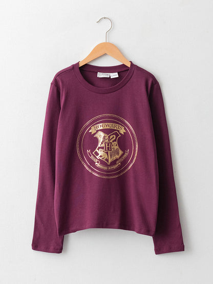 Crew Neck Harry Potter Printed Long Sleeve Cotton Girls' T-Shirt