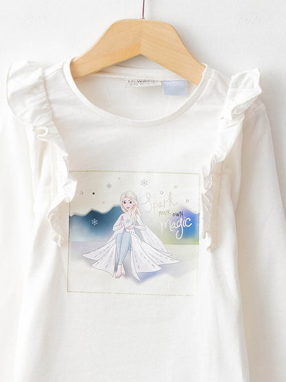 Crew Neck Elsa Printed Long Sleeve Cotton Girls' T-Shirt