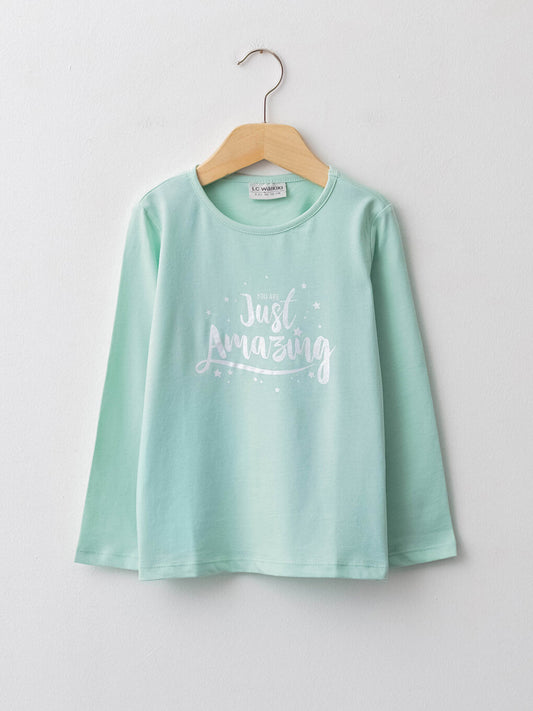 Crew Neck Printed Long Sleeve Cotton Girls' T-Shirt