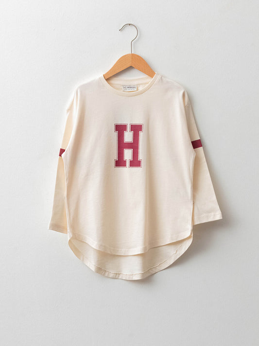 Crew Neck Printed Long Sleeve Cotton Girls' T-Shirt