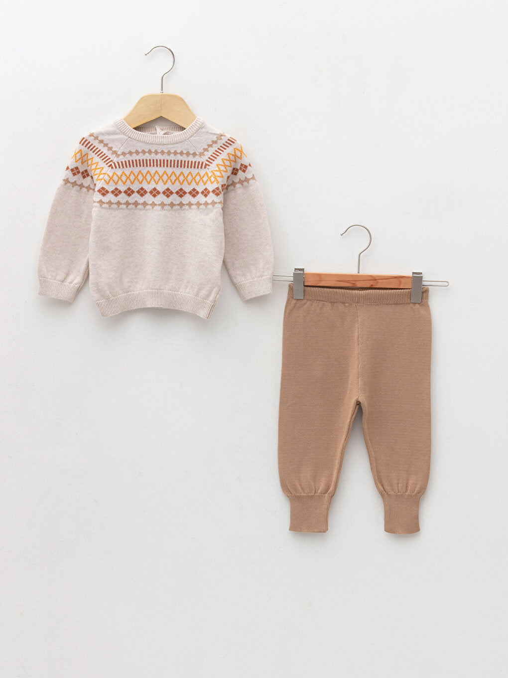 Crew Neck Long Sleeve Patterned Baby Boy Knitwear Sweater and Trousers 2-Piece Set