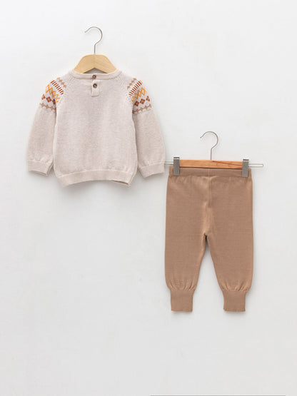 Crew Neck Long Sleeve Patterned Baby Boy Knitwear Sweater and Trousers 2-Piece Set