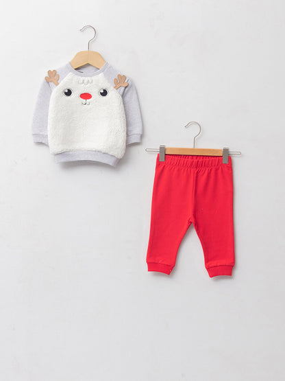 Crew Neck Long Sleeve New Year's Themed Plush Baby Boy Sweatshirt and Trousers 2-Piece Set