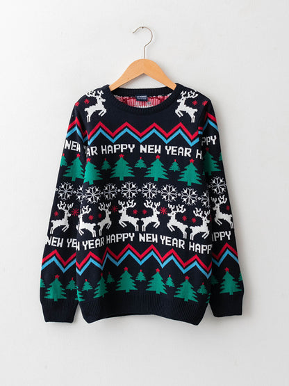 Crew Neck New Year Themed Long Sleeve Boy's Knitwear Sweater Father and Son Combination