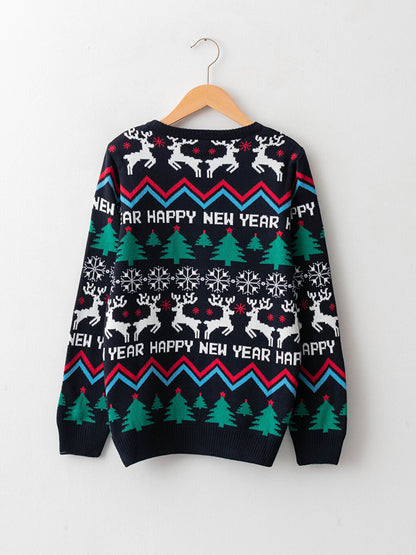 Crew Neck New Year Themed Long Sleeve Boy's Knitwear Sweater Father and Son Combination