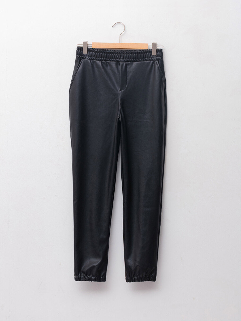 Basic Leather Look Girls' Trousers with Elastic Waist