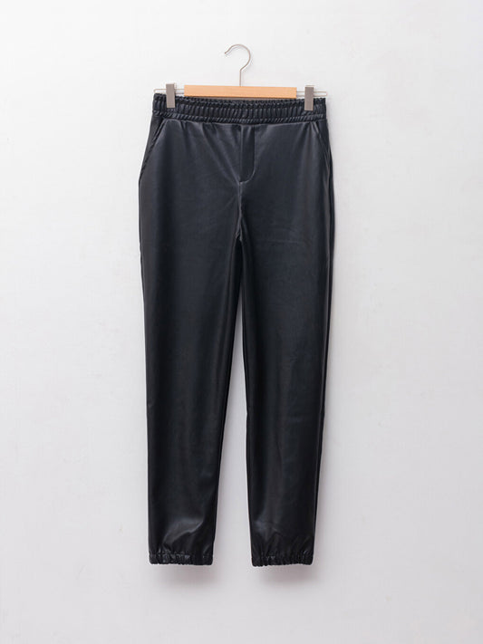 Basic Leather Look Girls' Trousers with Elastic Waist