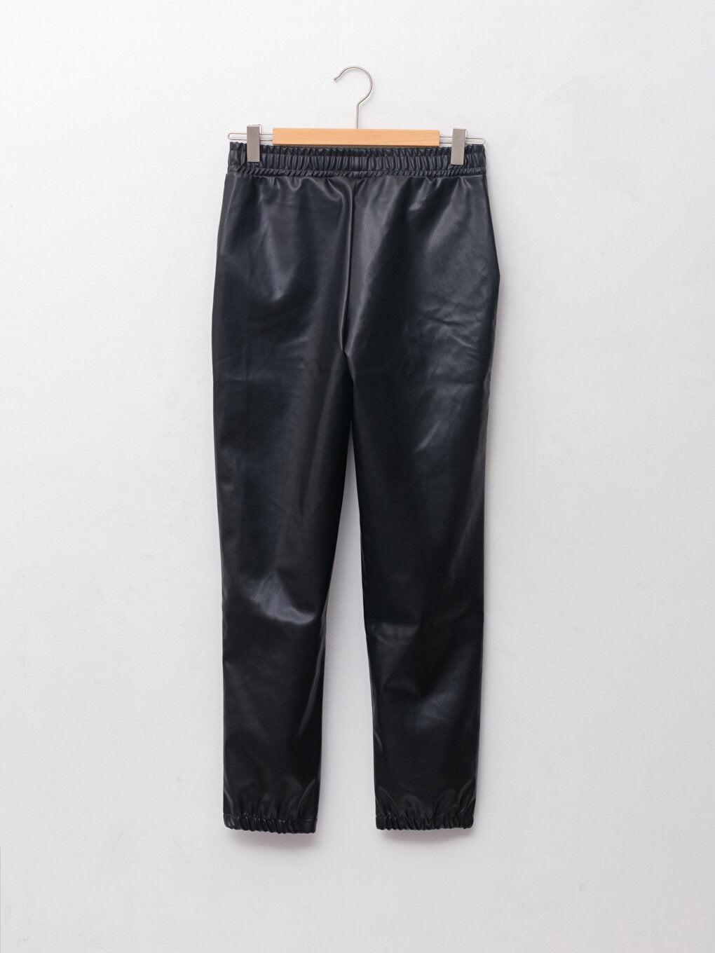 Basic Leather Look Girls' Trousers with Elastic Waist