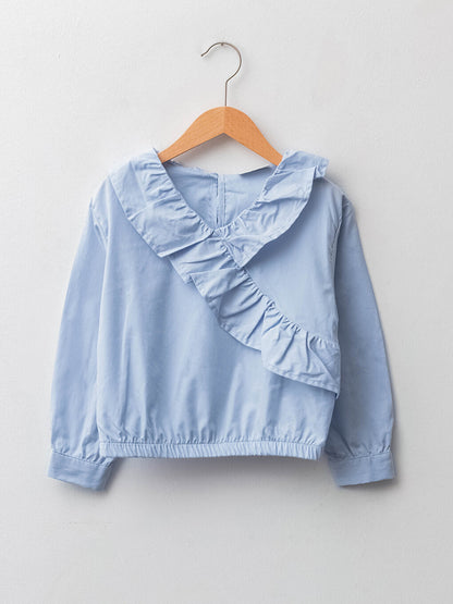 V-Neck Long Sleeve Ruffle Detailed Cotton Girl's Blouse