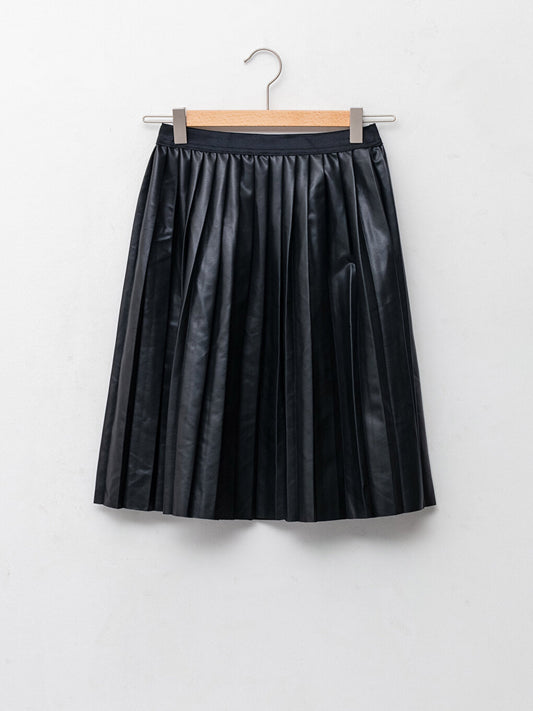 Leather Look Pleated Girl's Skirt with Elastic Waist