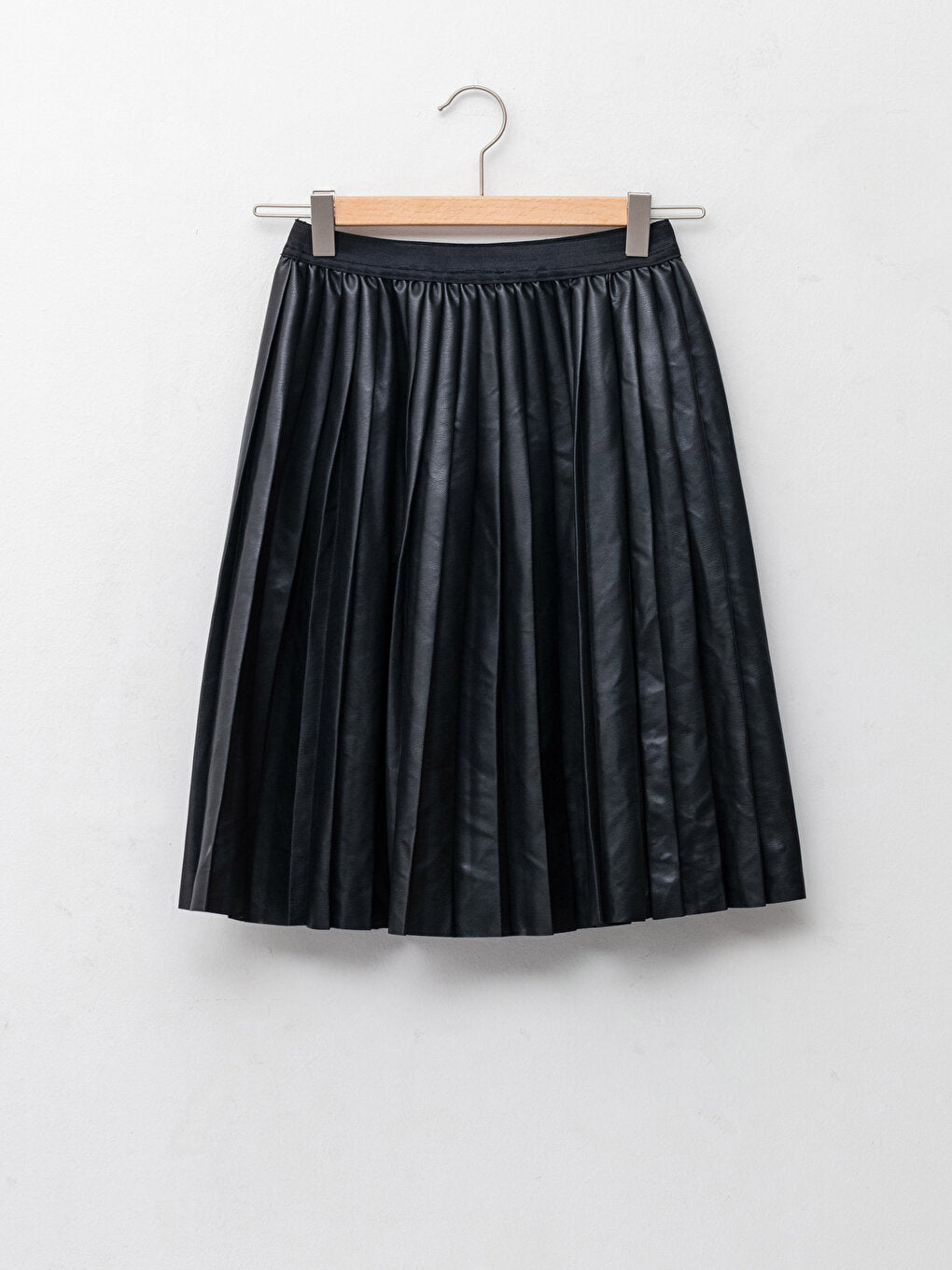 Leather Look Pleated Girl's Skirt with Elastic Waist