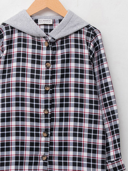 Hooded Plaid Patterned Long Sleeve Girl's Shirt