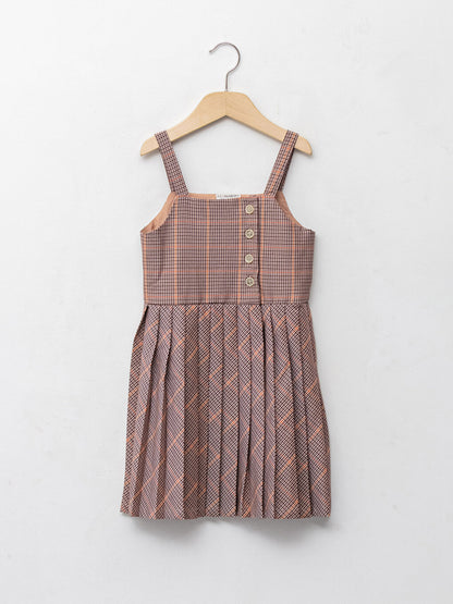 Square Neck Patterned Strap Pleated Girl's Dress