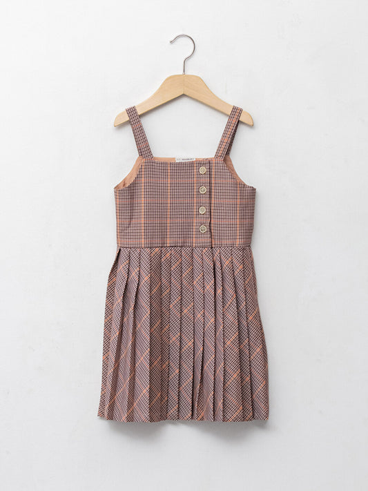 Square Neck Patterned Strap Pleated Girl's Dress