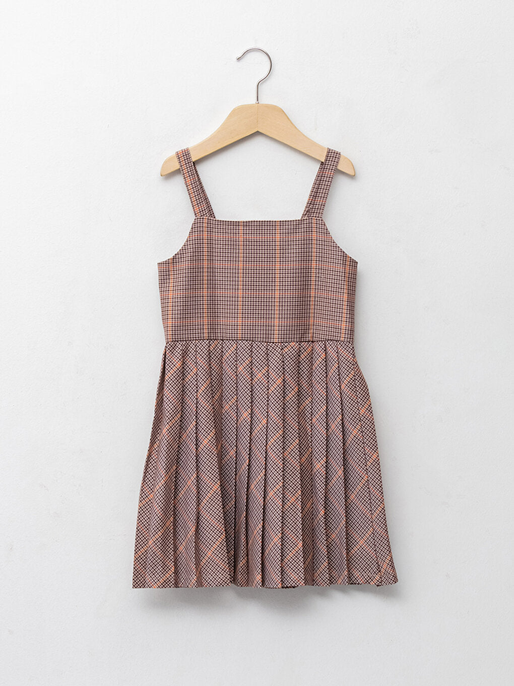 Square Neck Patterned Strap Pleated Girl's Dress