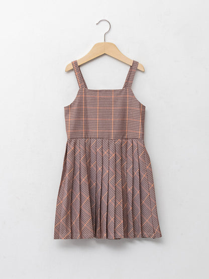 Square Neck Patterned Strap Pleated Girl's Dress