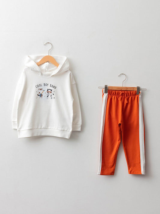 Hooded Long Sleeve Printed Baby Boy Sweatshirt and Tracksuit Bottom 2-Piece Set