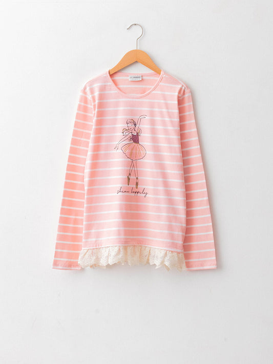 Crew Neck Printed Long Sleeve Cotton Girls' T-Shirt