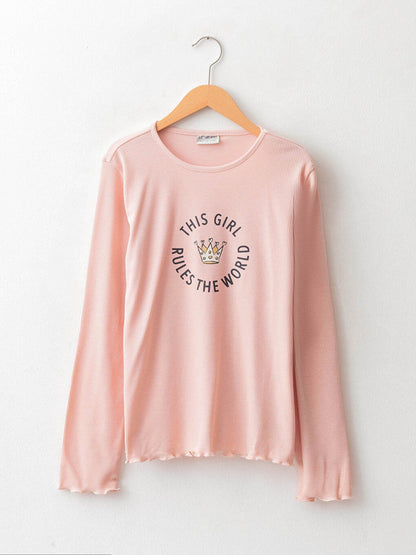 Crew Neck Long Sleeve Printed Girl's T-Shirt