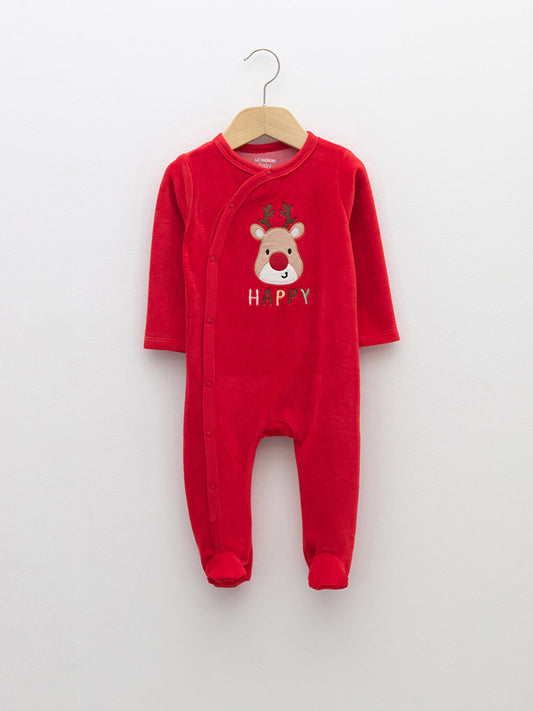 Crew Neck Long Sleeve New Year's Themed Velvet Baby Boy Jumpsuit