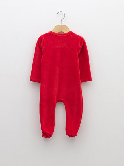 Crew Neck Long Sleeve New Year's Themed Velvet Baby Boy Jumpsuit