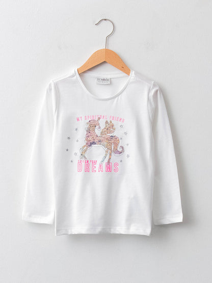 Crew Neck Printed Long Sleeve Cotton Girls' T-Shirt