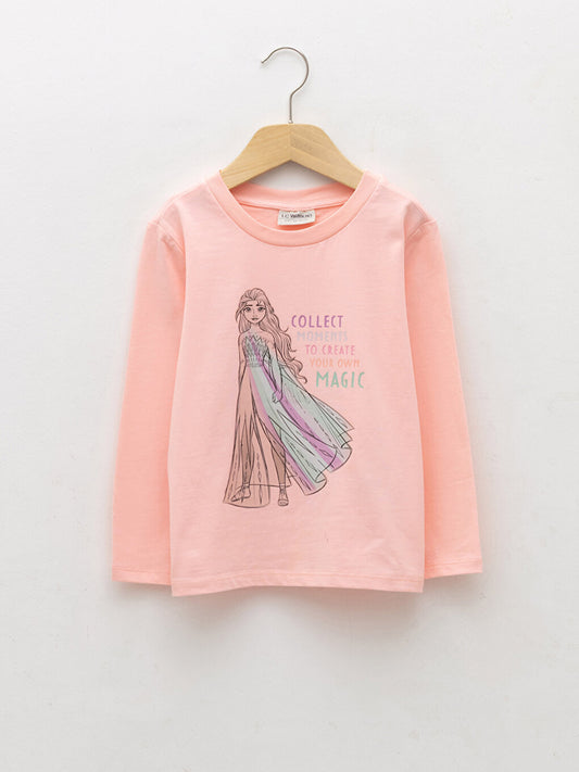 Crew Neck Elsa Printed Long Sleeve Cotton Girls' T-Shirt